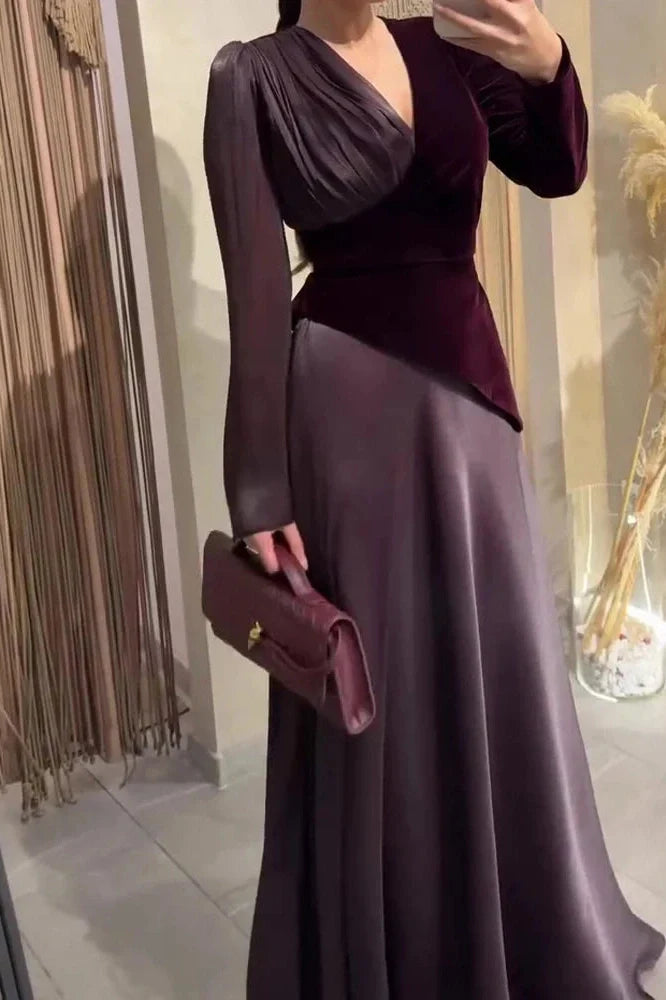 Long Sleeve V-Neck High Waist Pleated Maxi Dress