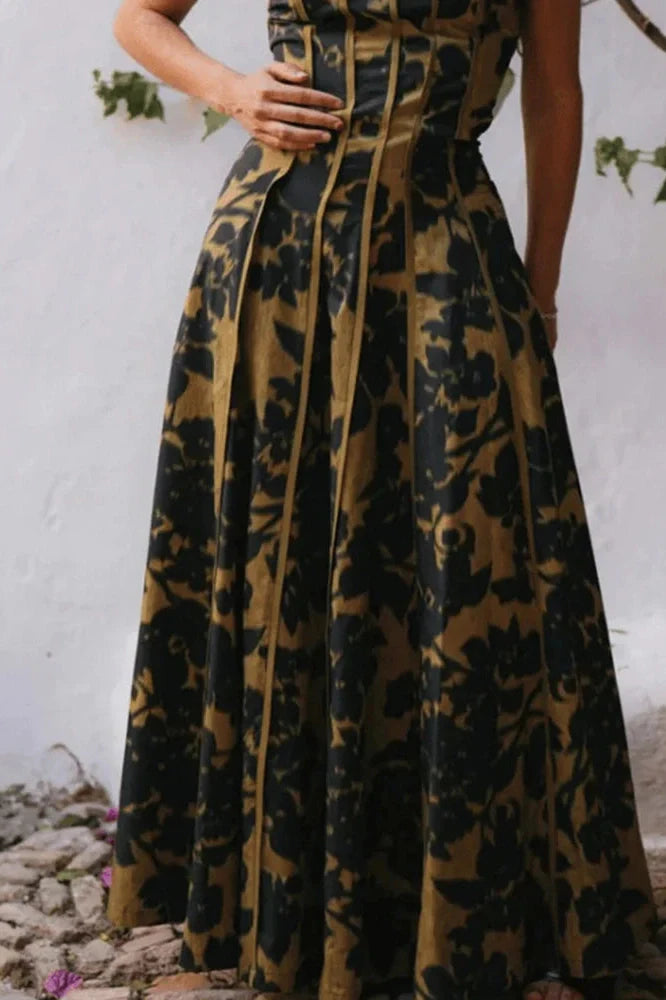 Hollow Out High Waist Pleated Sleeveless Printed Maxi Dress