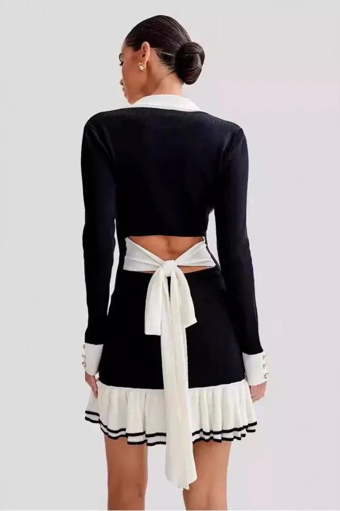 Long Sleeve V Neck Pearl Mini Dress