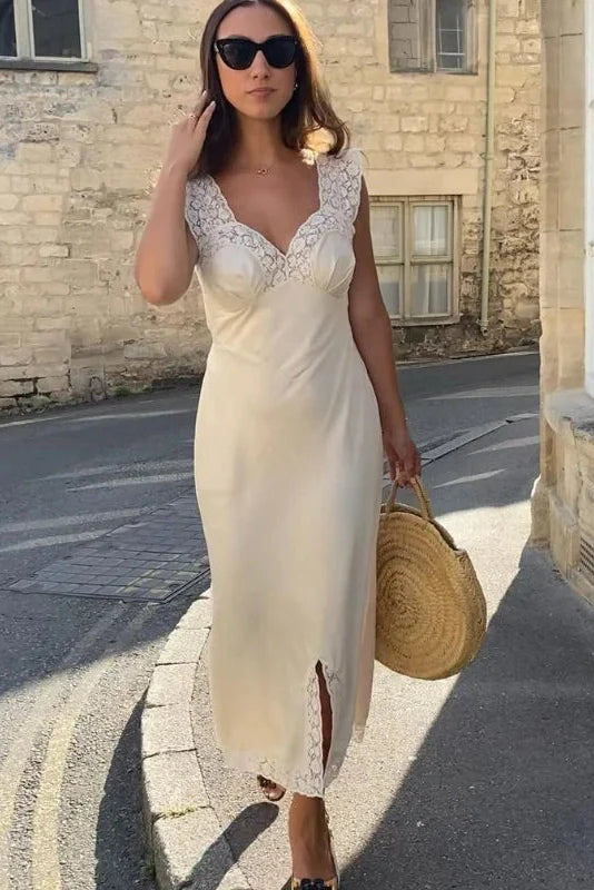 Elegant Lace Slit Loose Pleated Backless Sleeveless Midi Dress