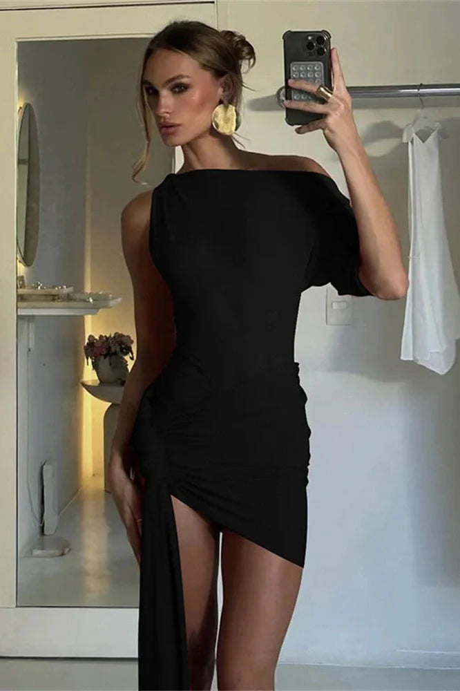 One-Shoulder Slim Patchwork Bodycon Mini Dress