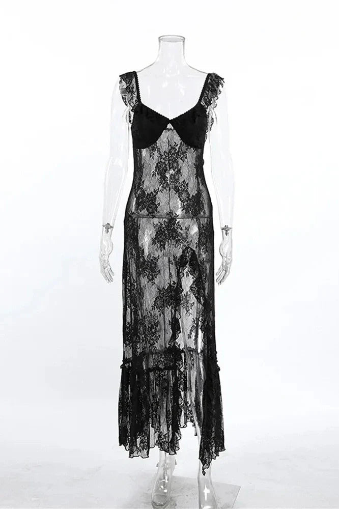 Lace See-Through Patchwork Backless Maxi Dress