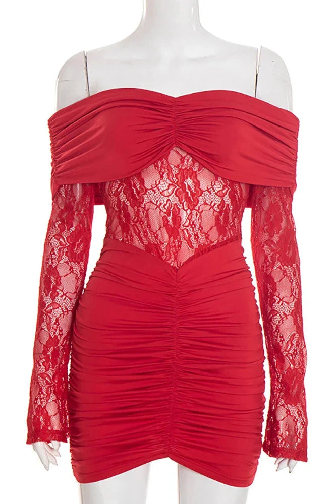 Off-Shoulder Strapless Lace See Through Long Sleeve Mini Dress