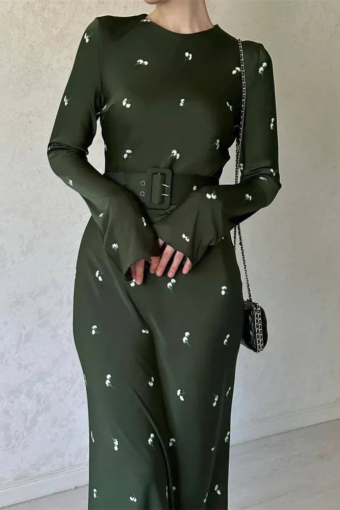 Long Sleeve Slim Patchwork Printed High Waist Maxi Dress