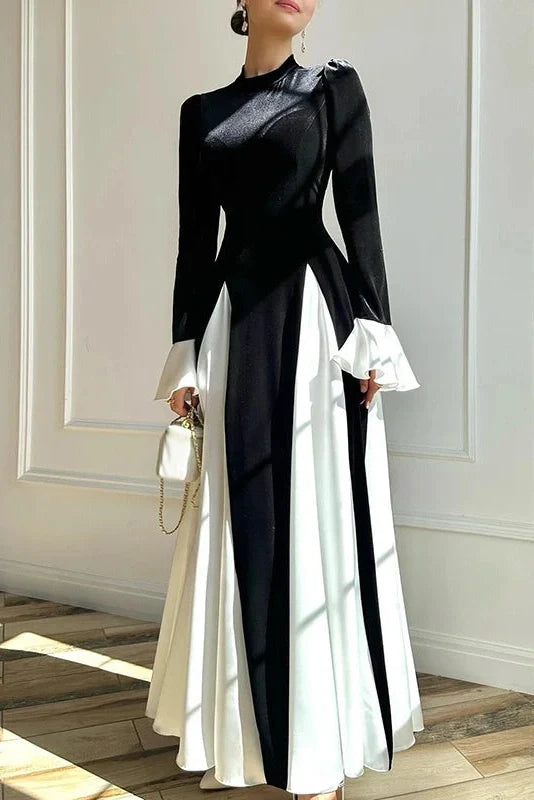 Flared Sleeve Patchwork High Waist O Neck Maxi Dress