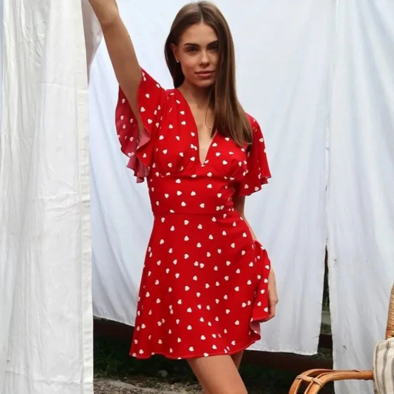 Print V-Neck High Waist Mini Dress
