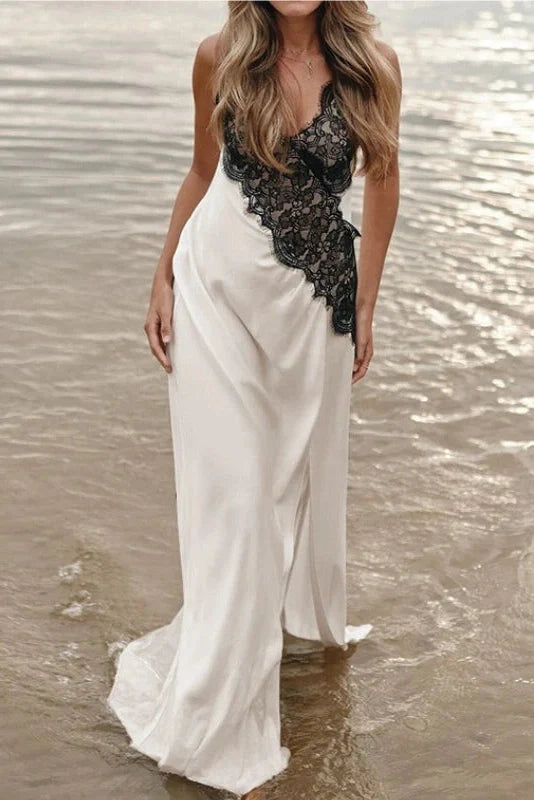 Straps Lace V-Neck Slit High Waist Maxi Dress