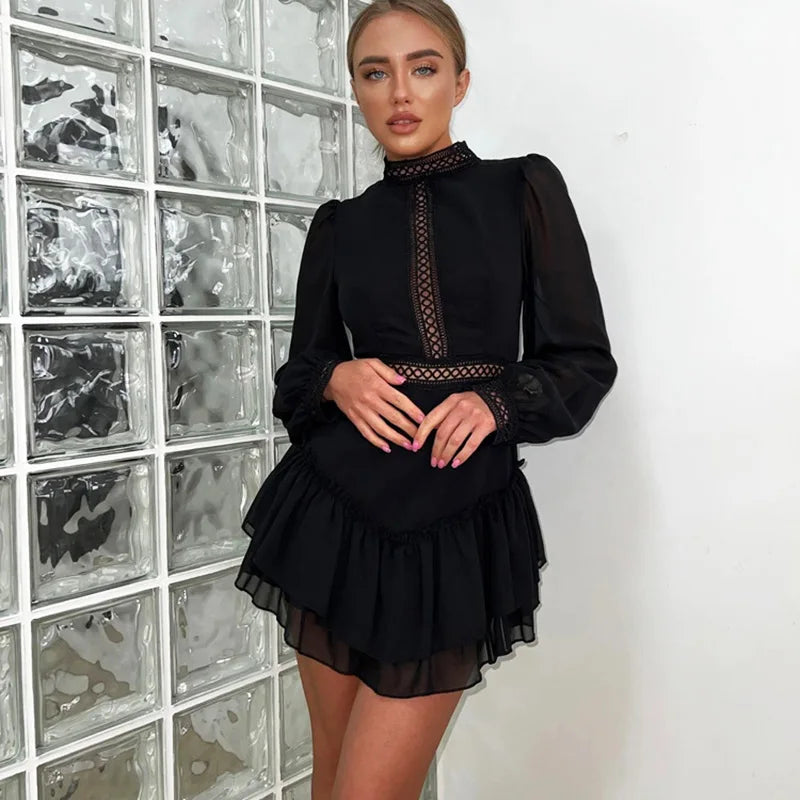 Hollow Out See Through Patchwork High Waist Mini Dress