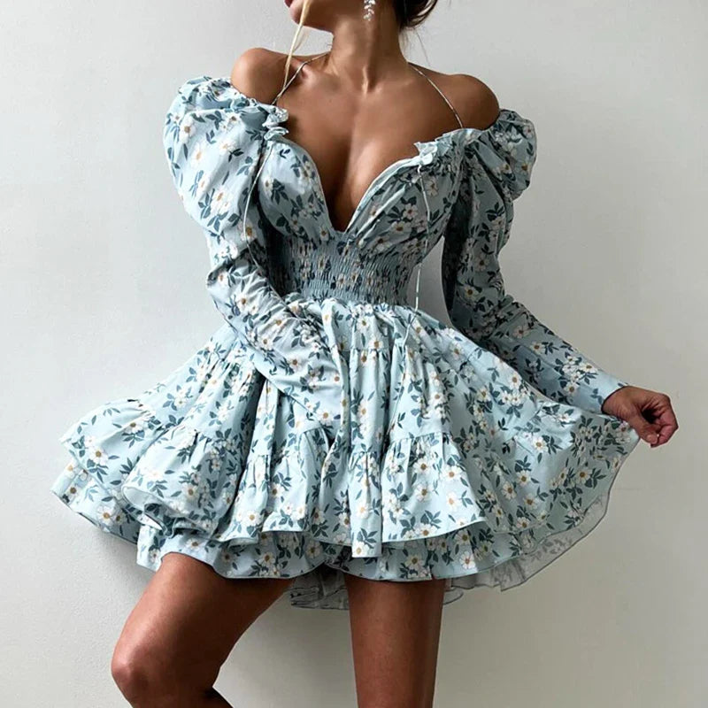 Printed Lace Up V-Neck Long Sleeve Elegant A-Line Mini Dress