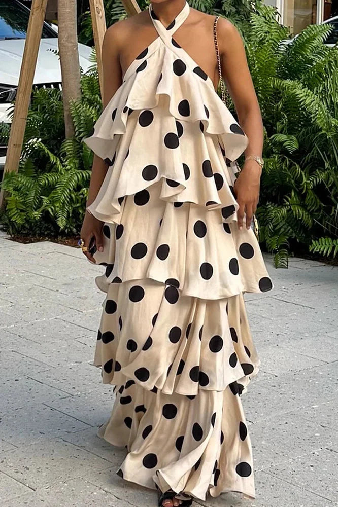 Elegant Backless Polka Dot Sleeveless Maxi Dress