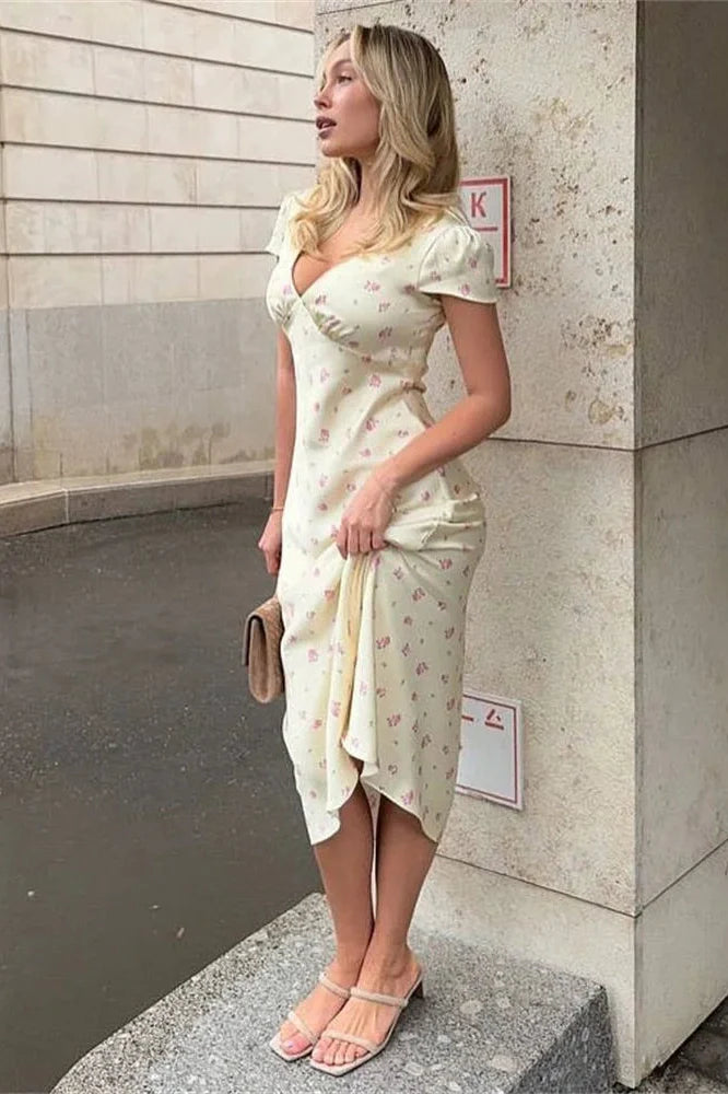 V-Neck Printed High Waist Slim Midi Dress