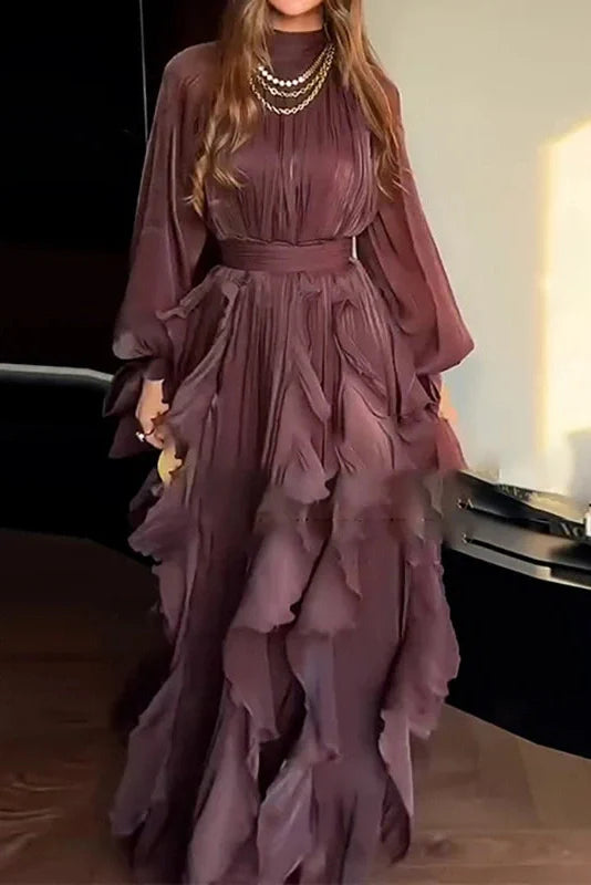 Elegant Pleated High Collar Long Sleeve High Waist Maxi Dress