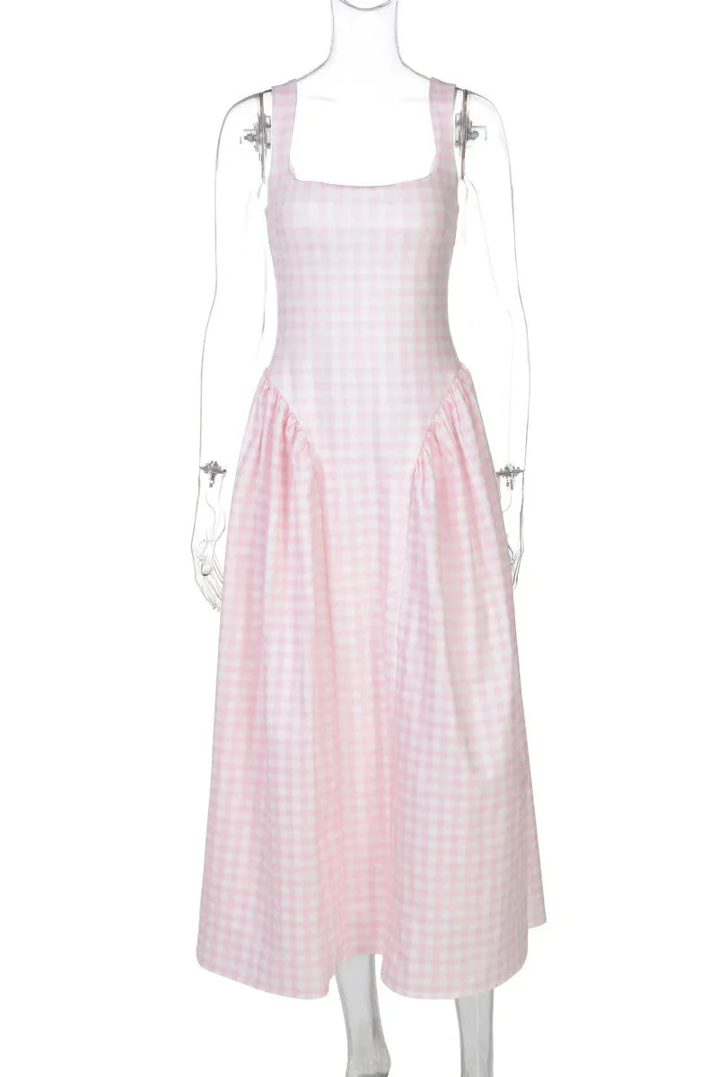 Plaid Printed Spaghetti Strap High Waist A-line Backless Midi Dress