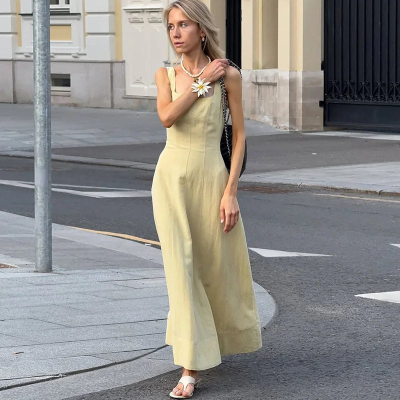 Elegant Square Neck Backless High Waist Sleeveless Maxi Dress