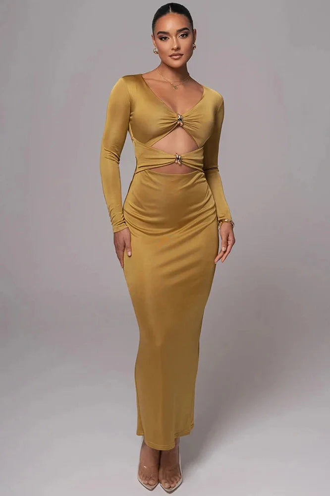 Long Sleeve V Neck Back Split Bodycon Maxi Dress
