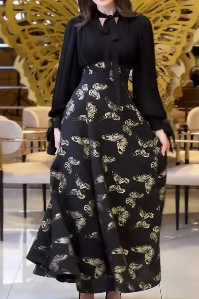 Elegant High Waist Printed Long Sleeve Pleated Maxi Dress