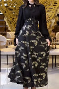 Elegant High Waist Printed Long Sleeve Pleated Maxi Dress