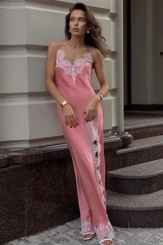 Lace Printed V-Neck High Waist Slim Backless Maxi Dress