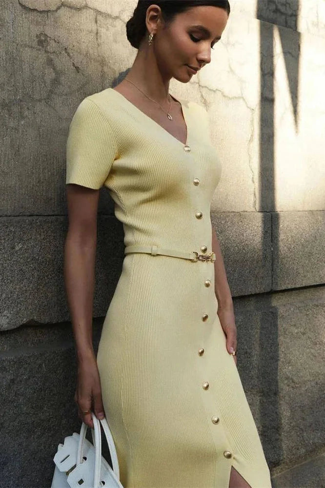 V-Neck Short Sleeve Patchwork Bodycon Midi Dress