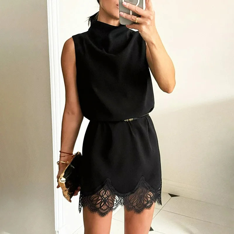 Lace Patchwork Hollow Out Sleeveless Mini Dress