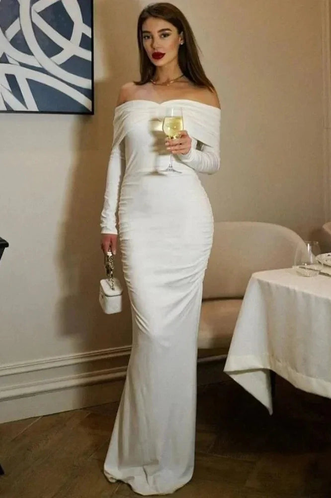 Pleated Slim Patchwork Off-Shoulder High Waist Maxi Dress