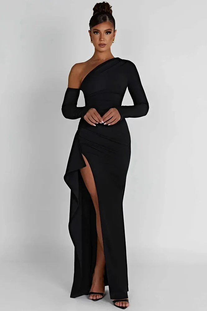 Oblique Shoulder Long Sleeve Backless High Split Maxi Dress