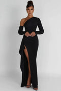 Oblique Shoulder Long Sleeve Backless High Split Maxi Dress