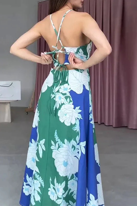 Hollow Out Lace Up Backless Sleeveless Printed Maxi Dress