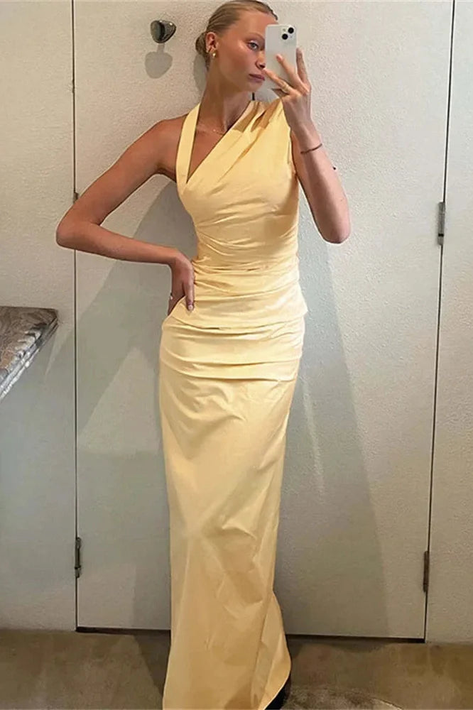 Pleated High Waist Slim Backless Maxi Dress