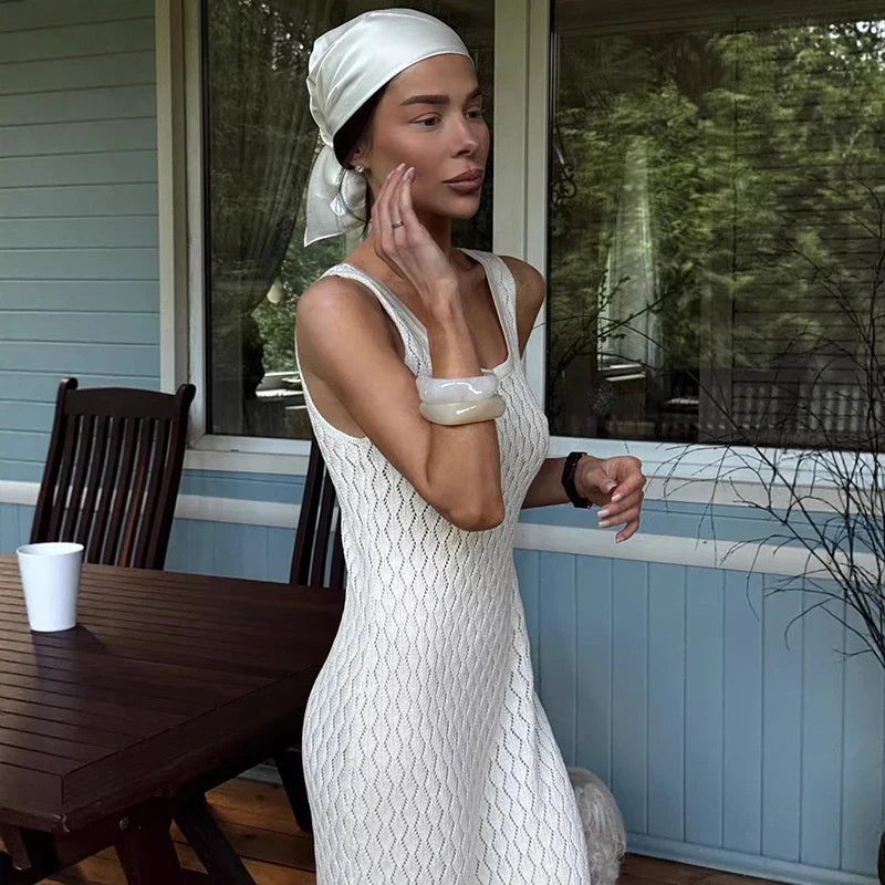 Hollow Knitted Sleeveless Maxi Dress