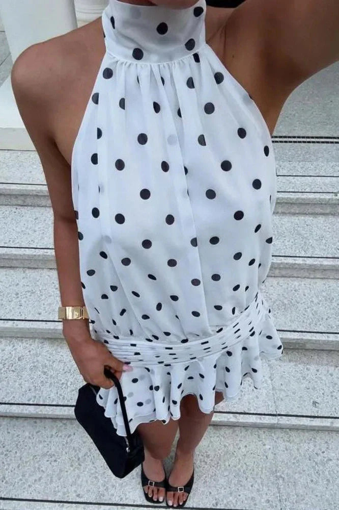Polka Dot Backless Turtleneck Off-Shoulder Sleeveless Mini Dress