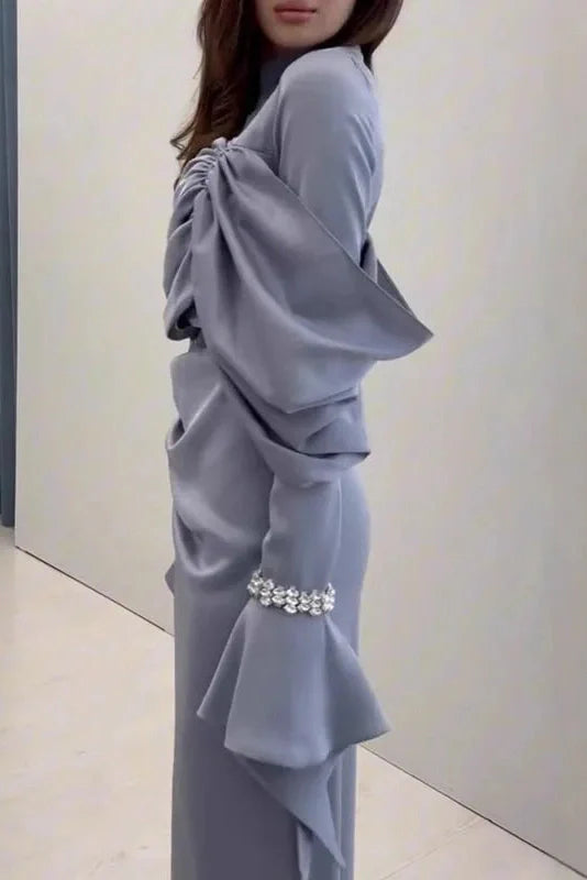 Pleated Slim Long Sleeve High Waist Irregular Maxi Dress