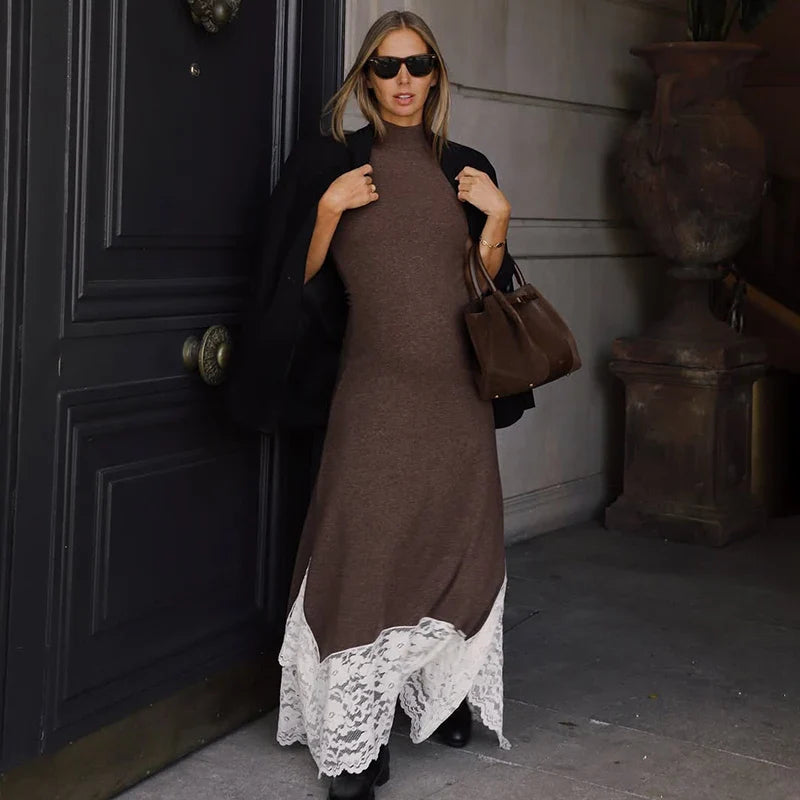 Turtleneck Lace Sleeveless Slim Maxi Dress
