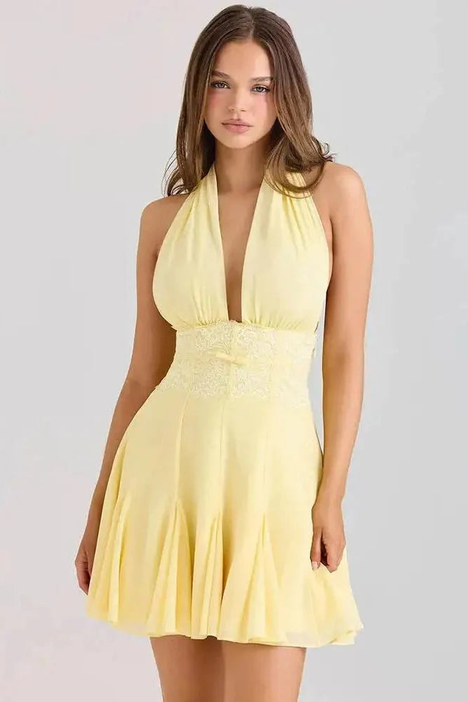 Backless Lace V Neck Sleeveless High Waist A-line Mini Dress