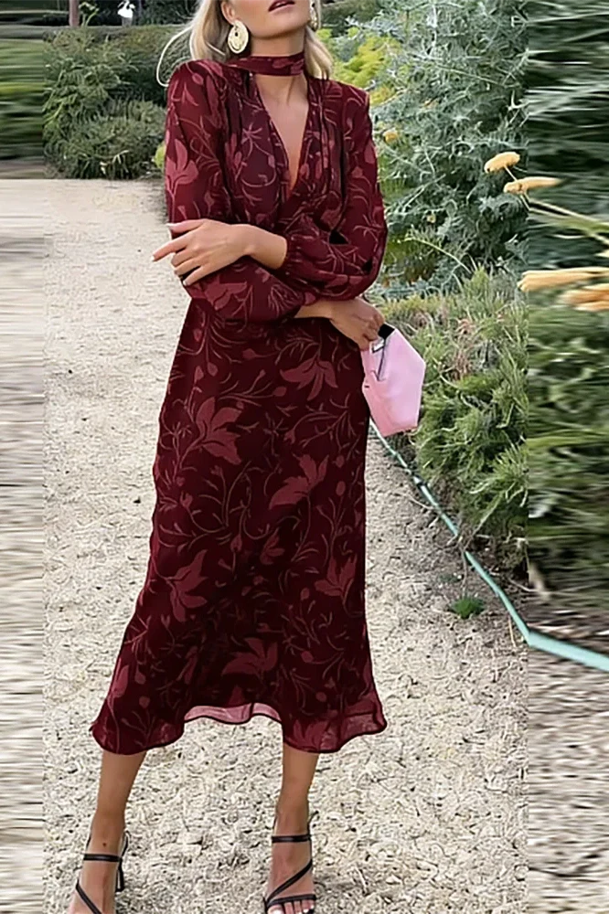 V-Neck Printed Long Sleeve Pleated Slim Midi Dress