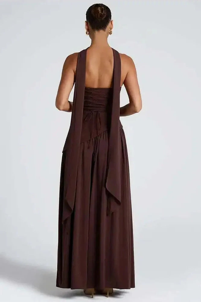 Strapless Off-Shoulder Patchwork Scarf Collar High Split Maxi Dress