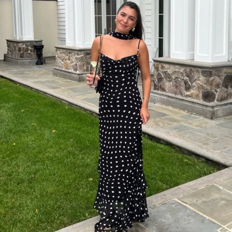 Elegant Polka Dot Scarf Ribbon Pleated Maxi Dress
