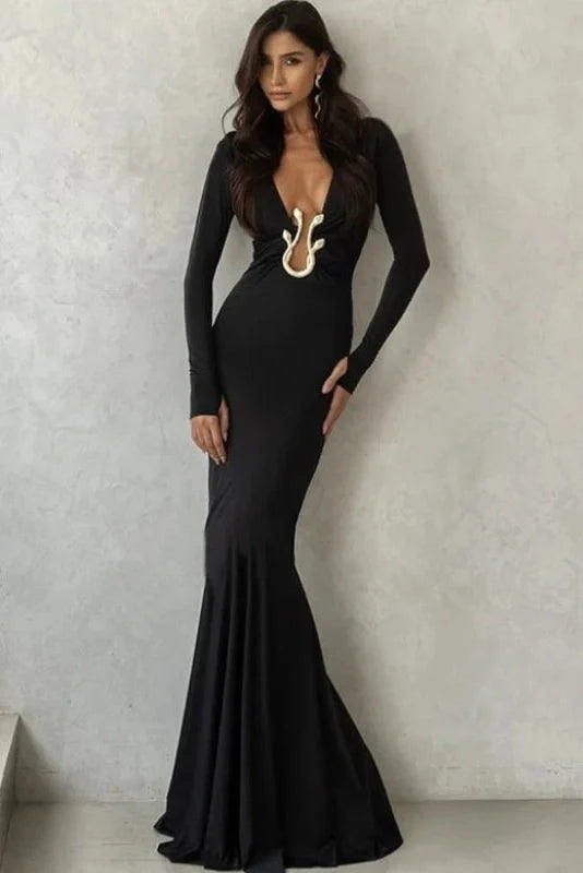 Hollow Out Deep V-Neck Slim Long-Sleeved High Waist Maxi Dress