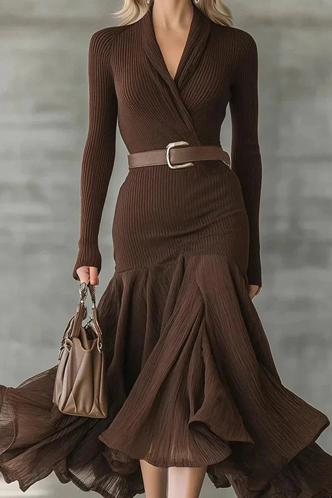 Elegant Pleated V-Neck Long Sleeve Midi Dress