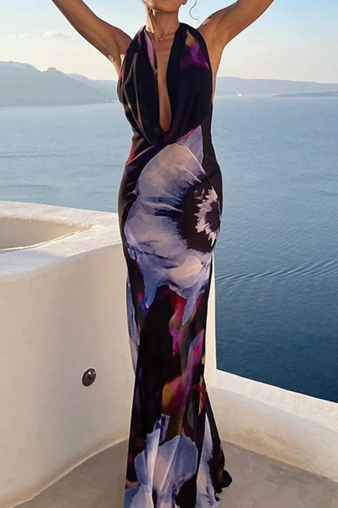 Elegant Deep V-Neck Sleeveless Backless Slim Printed Maxi Dress