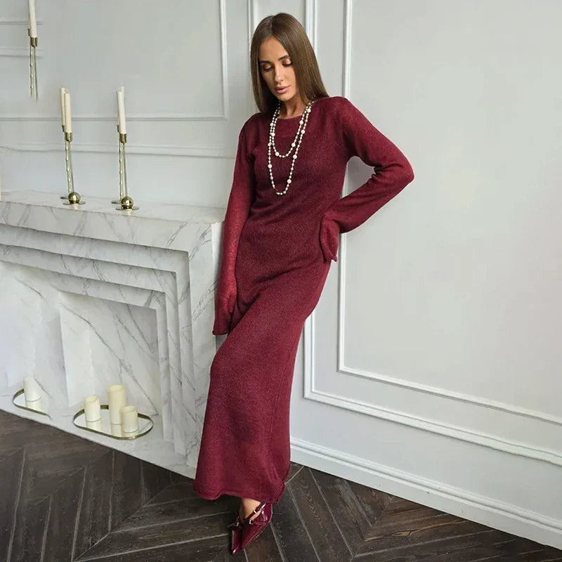 See Through Loose Long Sleeve Knitted Maxi Dress