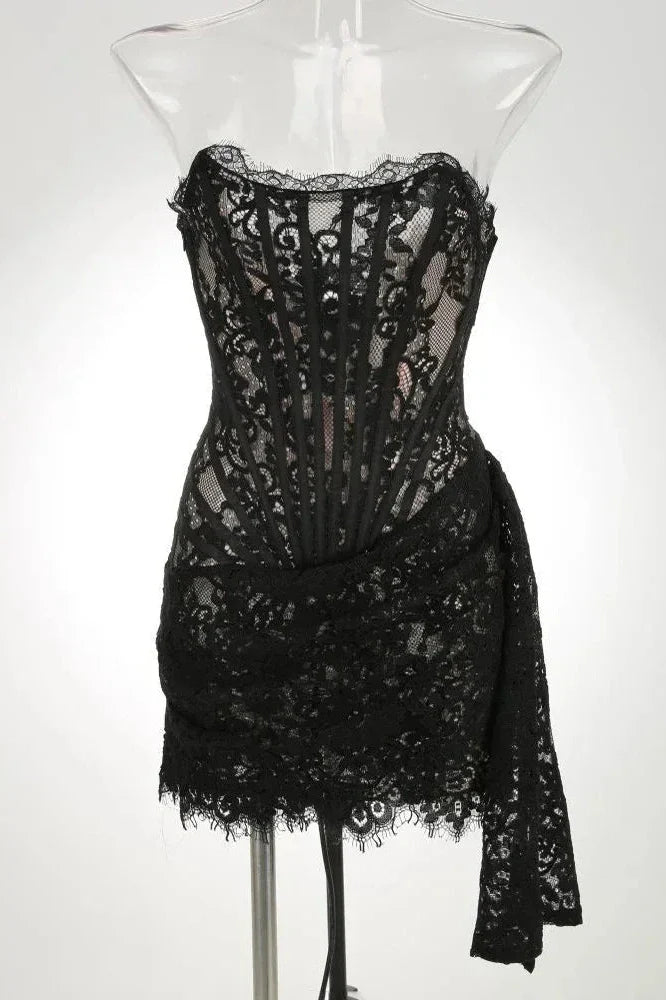 Lace See-Through Patchwork Bodycon Irregular Mini Dress
