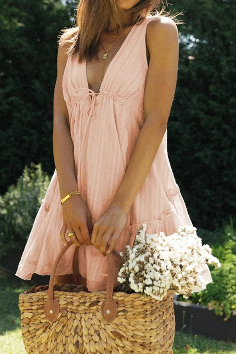 Deep V-Neck Tie-Up Backless A-Line Mini Dress