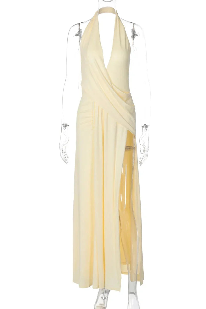Deep V Neck Backless Sleeveless High Waist Slit Irregular Maxi Dress