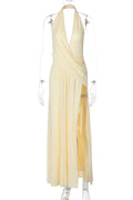 Deep V Neck Backless Sleeveless High Waist Slit Irregular Maxi Dress