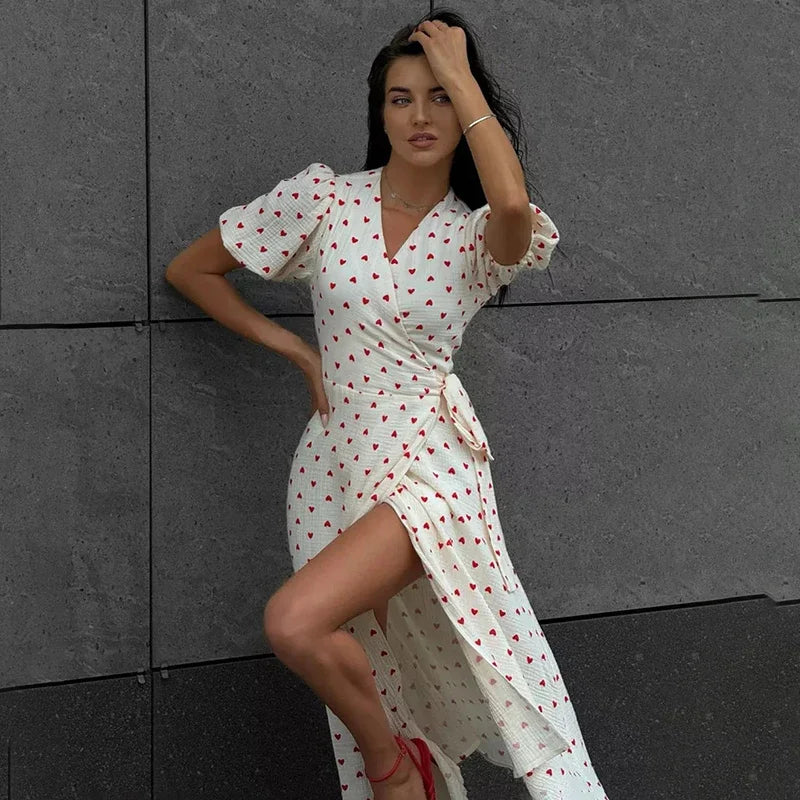 Printed V Neck High Waist Lace Up Midi Dress