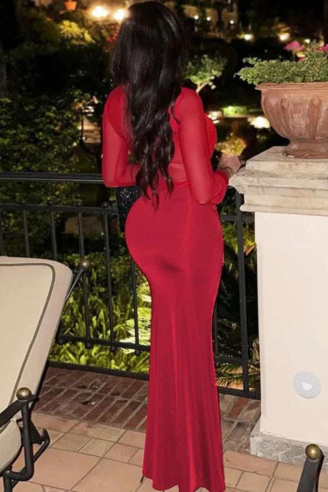 Hollow Out Long Sleeve O Neck Bodycon Maxi Dress