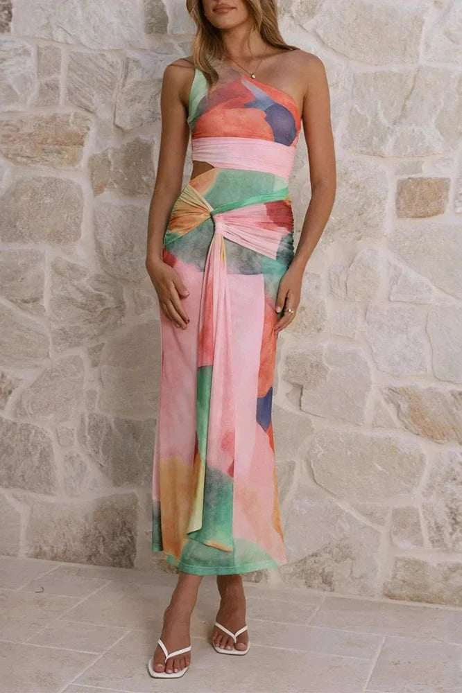 Hollow Out Sleeveless Slim High Waist Printed Maxi Dress