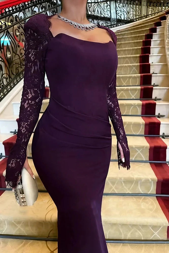 Long Sleeve Pleated Bodycon Square Collar Lace Slim Maxi Dress