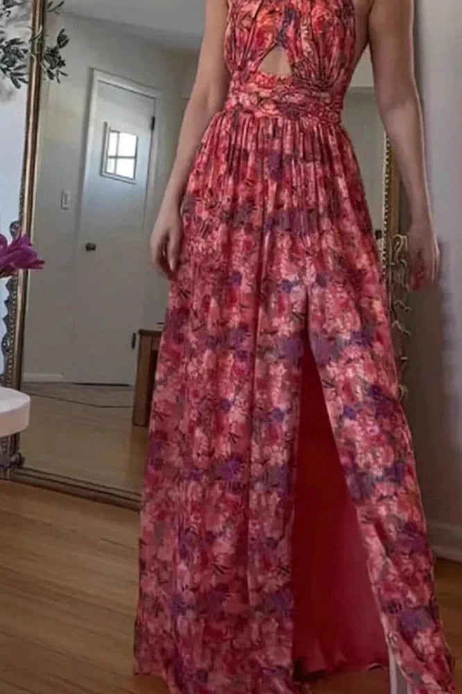 Hollow Out Sleeveless High Waist Pleated Printed Maxi Dress